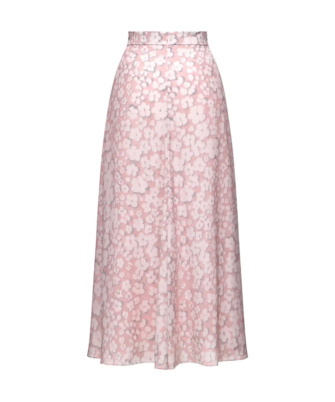 Olivia, pink crepe de chine midi skirt with medium milky flowers