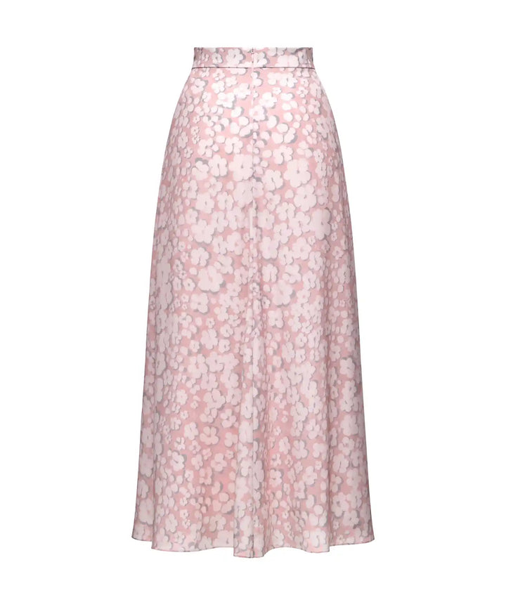 Olivia, pink crepe de chine midi skirt with medium milky flowers