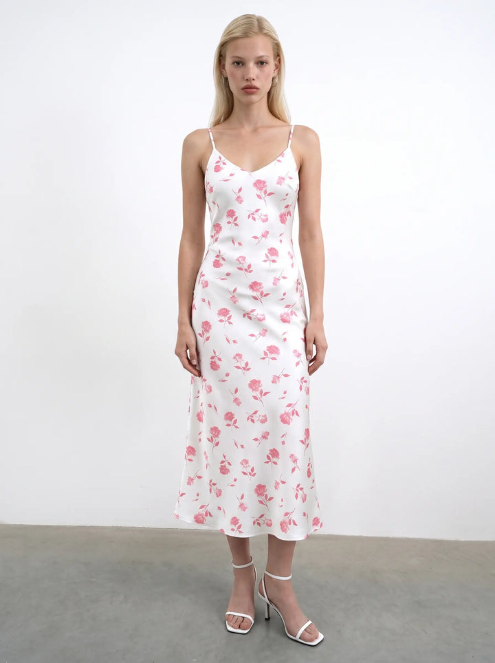 Cecil, ivory satin midi dress with medium light pink flowers