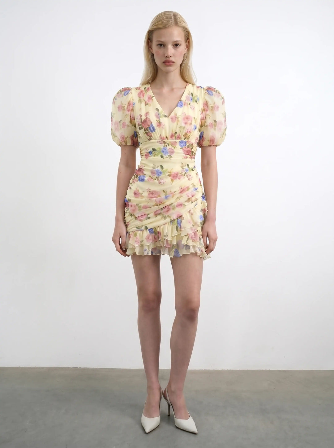 Josephine mini, mini dress in pale yellow crepe de chine with a floral print