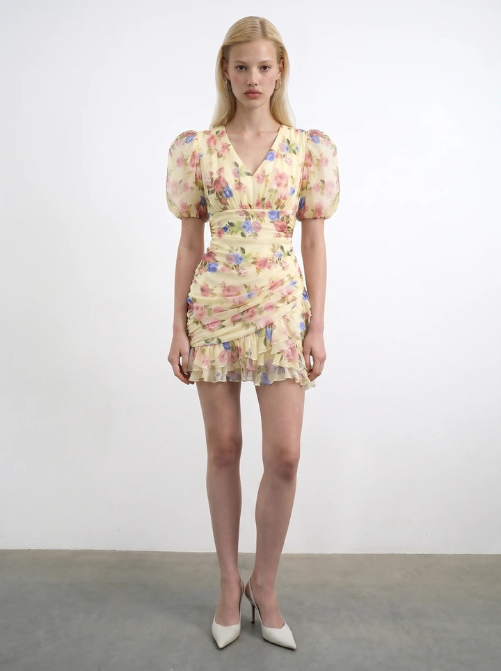 Josephine mini, mini dress in pale yellow crepe de chine with a floral print