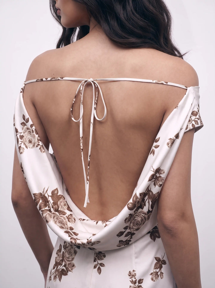Lucy maxi, ivory satin maxi dress with brown flowers