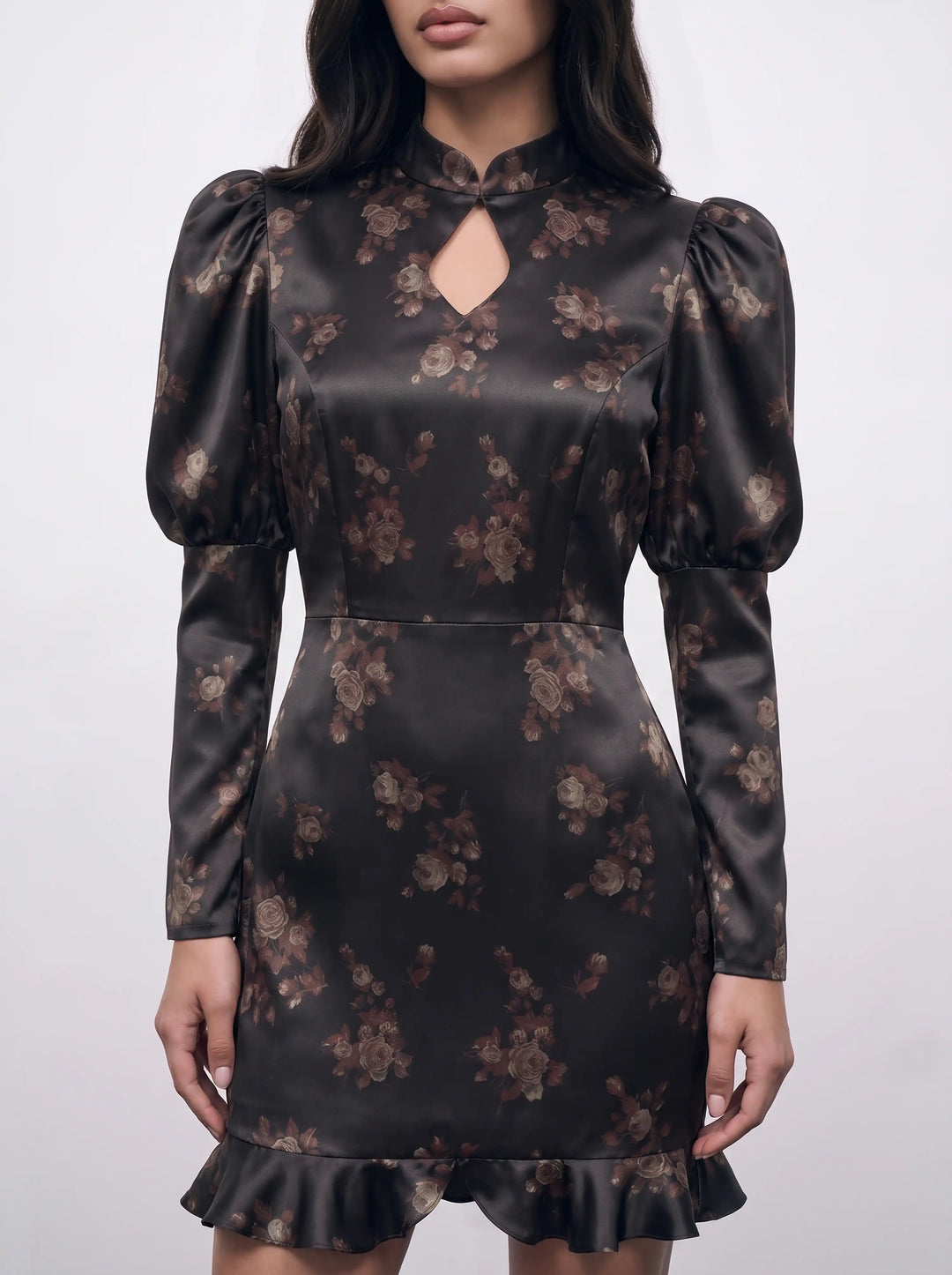 Giannetta mini, black satin mini dress with brown flowers