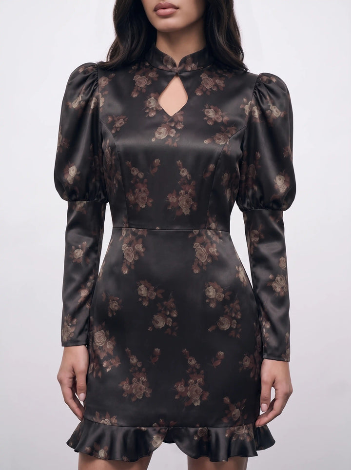 Giannetta mini, black satin mini dress with brown flowers