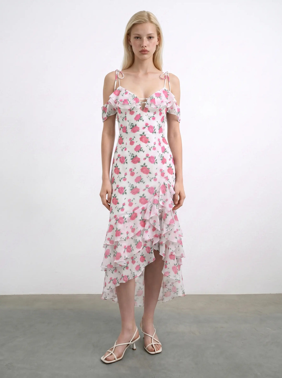 Monika midi, midi dress in milky chiffon with medium raspberry flowers