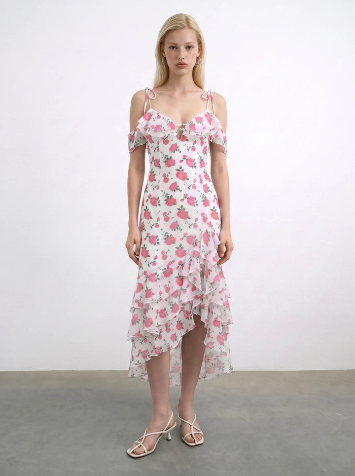 Monika midi, midi dress in milky chiffon with medium raspberry flowers