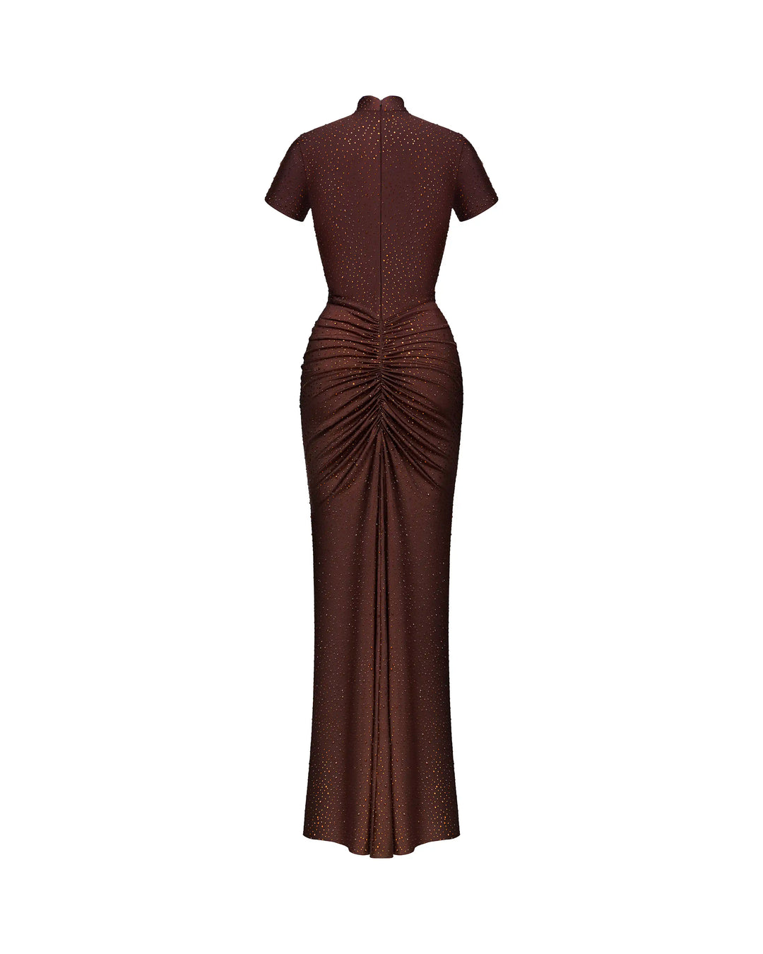 Amanda, chocolate biflex maxi dress embellished with rhinestones