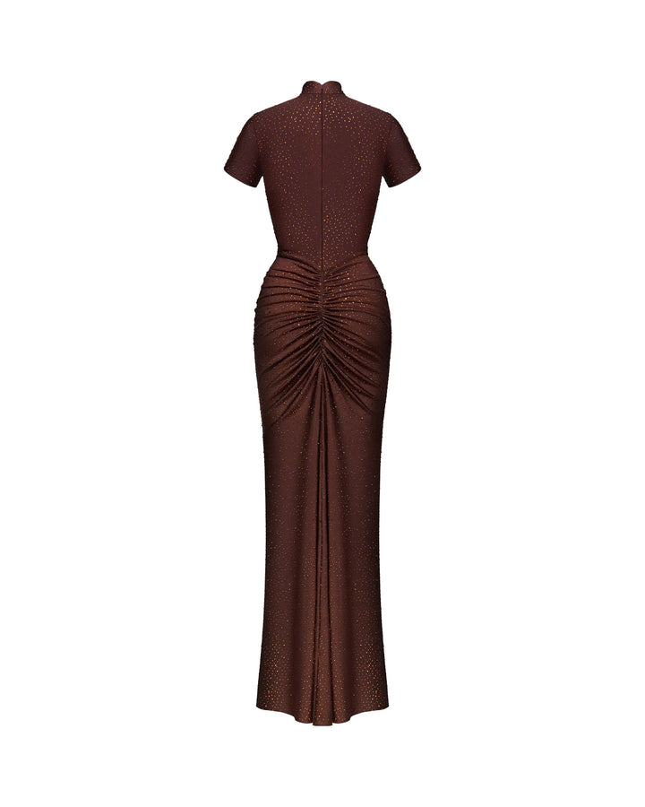 Amanda, chocolate biflex maxi dress embellished with rhinestones