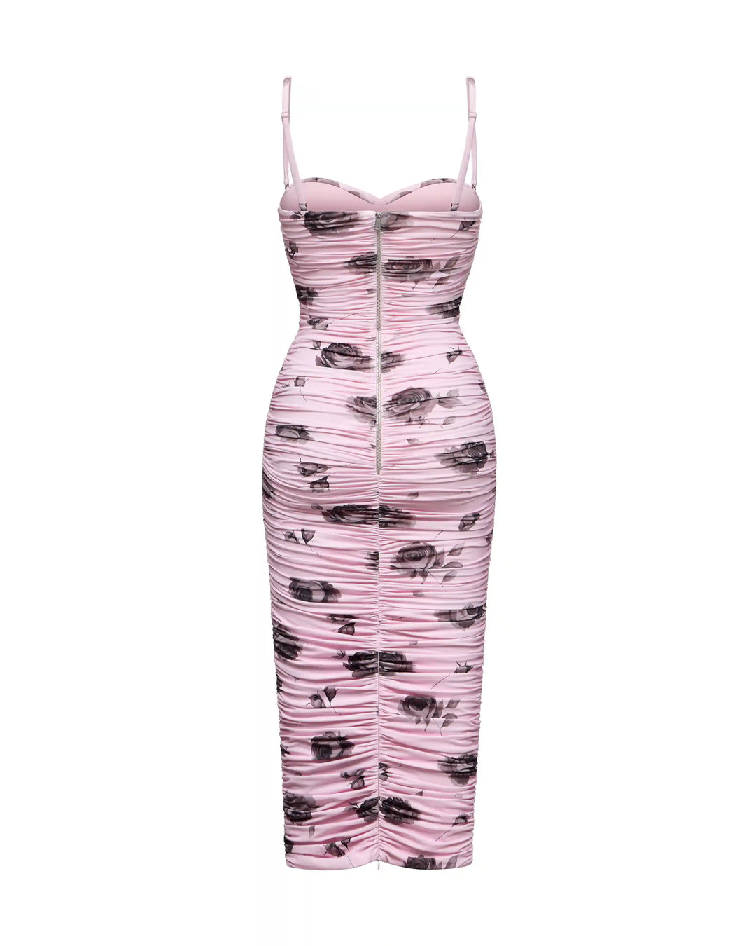 Nicole, midi dress made of lilac biflex with gray flowers
