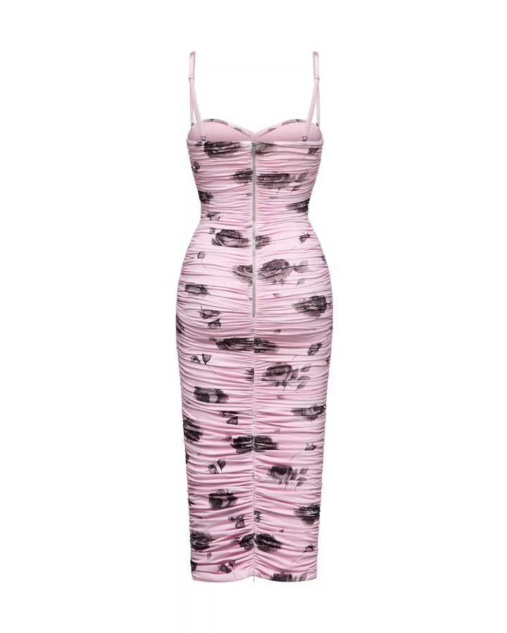 Nicole, midi dress made of lilac biflex with gray flowers