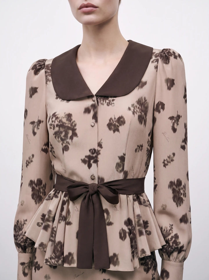 Rosetta, beige crepe de chine blouse with chocolate flowers