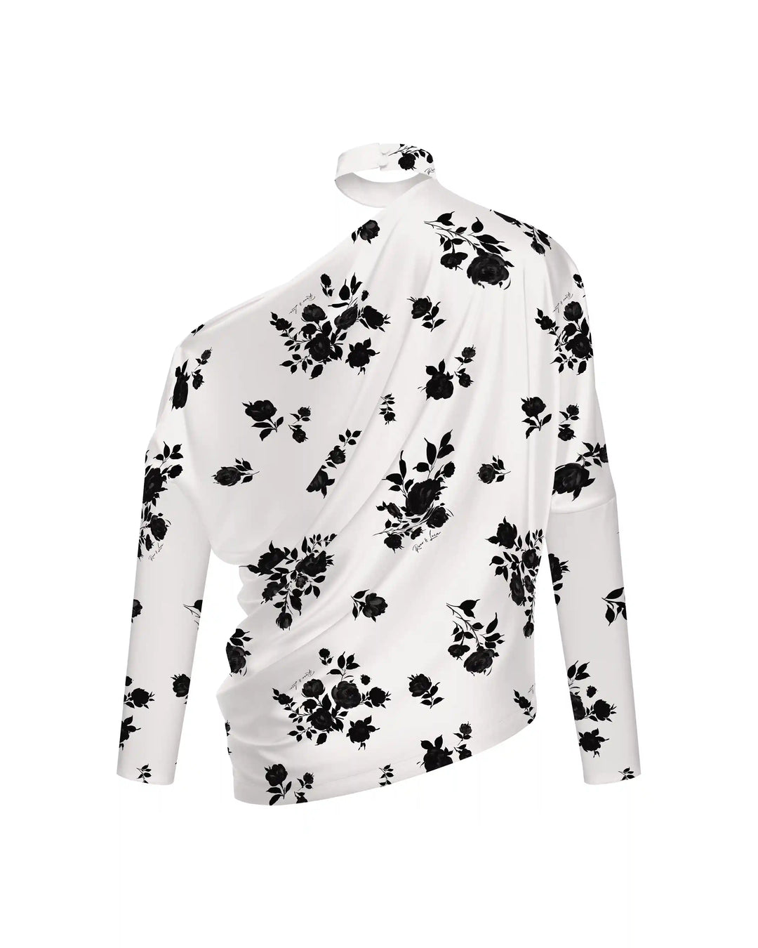 Anika top, top with long sleeves and a choker made of ivory crepe de chine with floral print