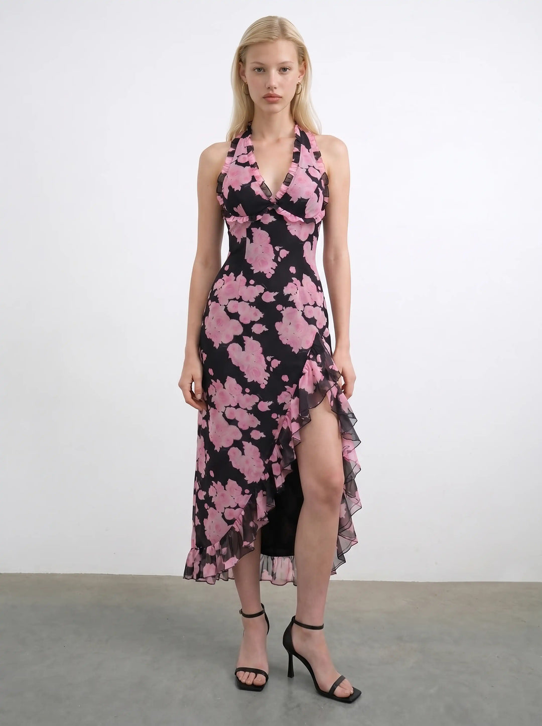 Quora midi, black chiffon midi dress with large pink flowers