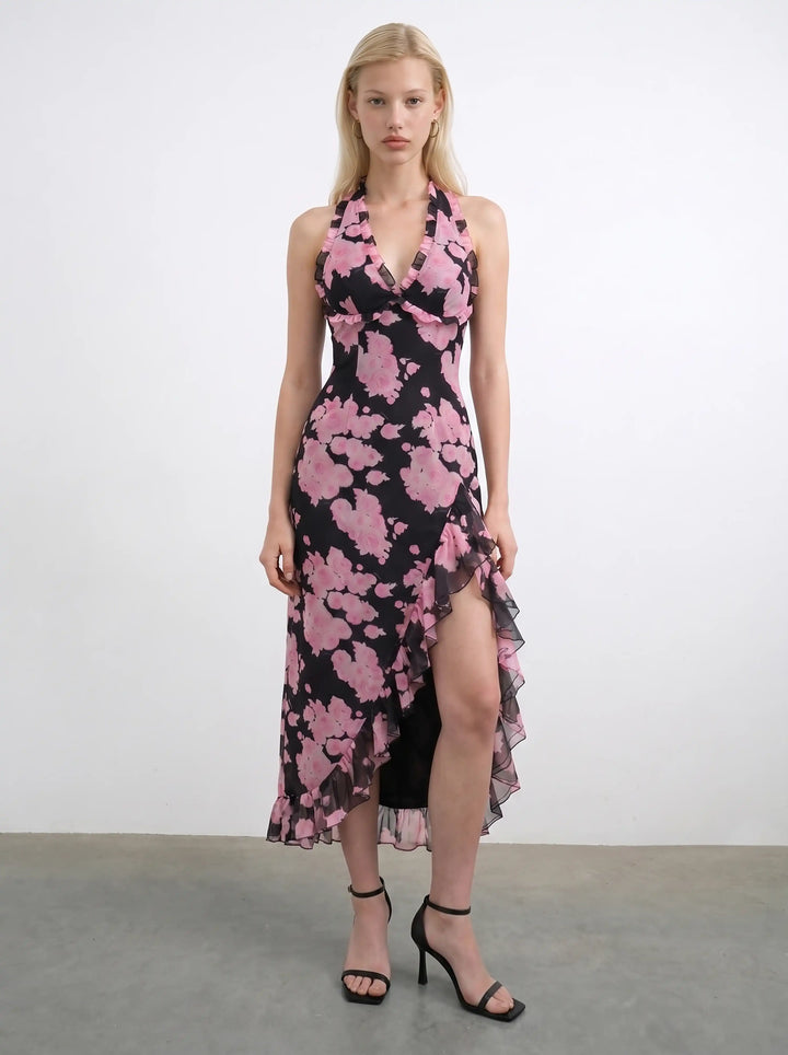 Quora midi, black chiffon midi dress with large pink flowers