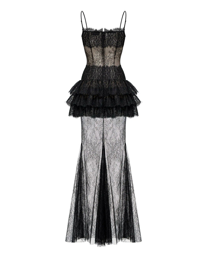Andrea maxi, black lace maxi dress with statement ruffles