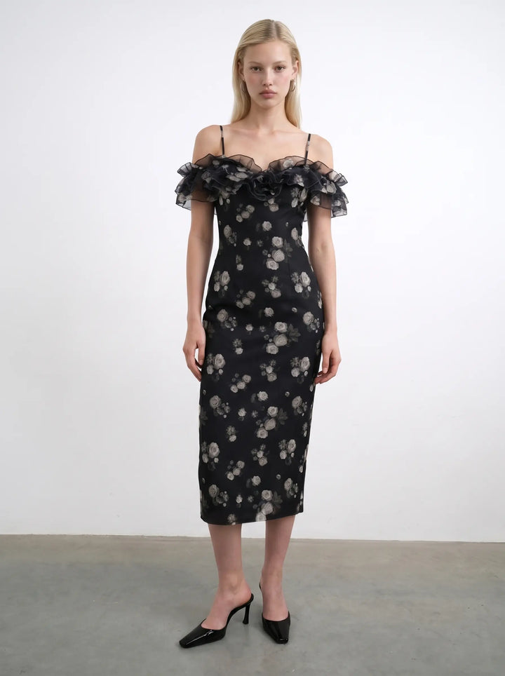 May midi, midi dress in black organza with a floral print