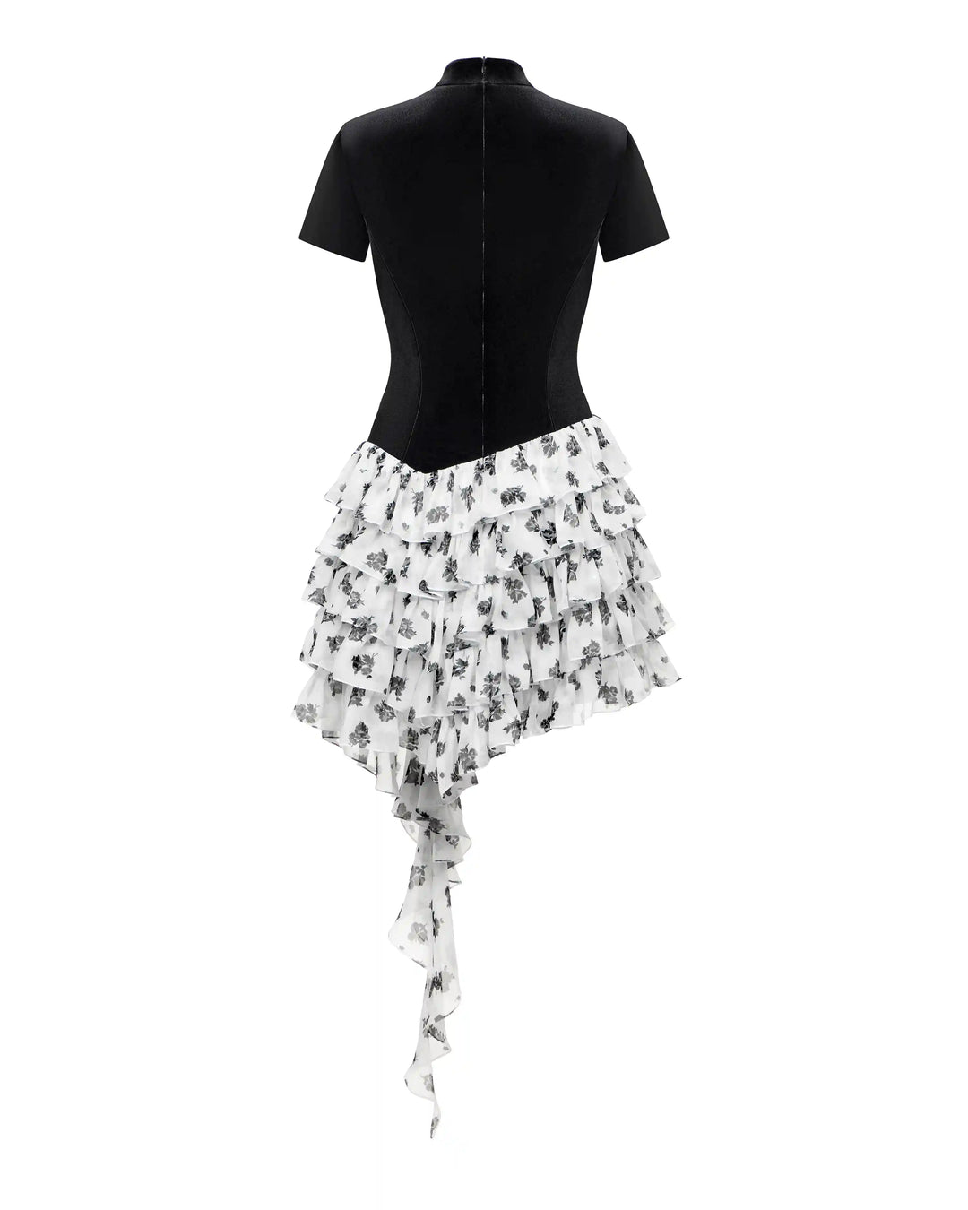 Sona, mini dress made of black velvet with a skirt of ivory chiffon with a floral print