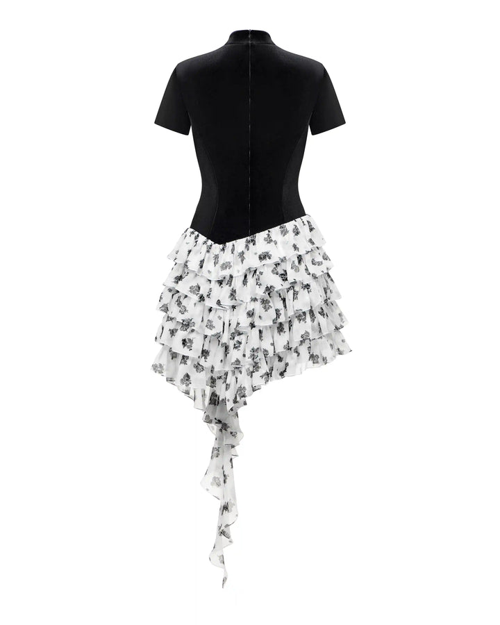 Sona, mini dress made of black velvet with a skirt of ivory chiffon with a floral print
