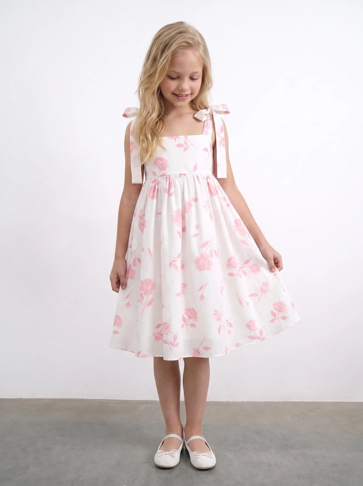 Lumy, ivory batiste children's dress with medium light pink flowers
