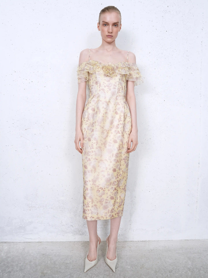 May midi, midi dress in yellow organza with a floral print, ruffles, and a rose detail