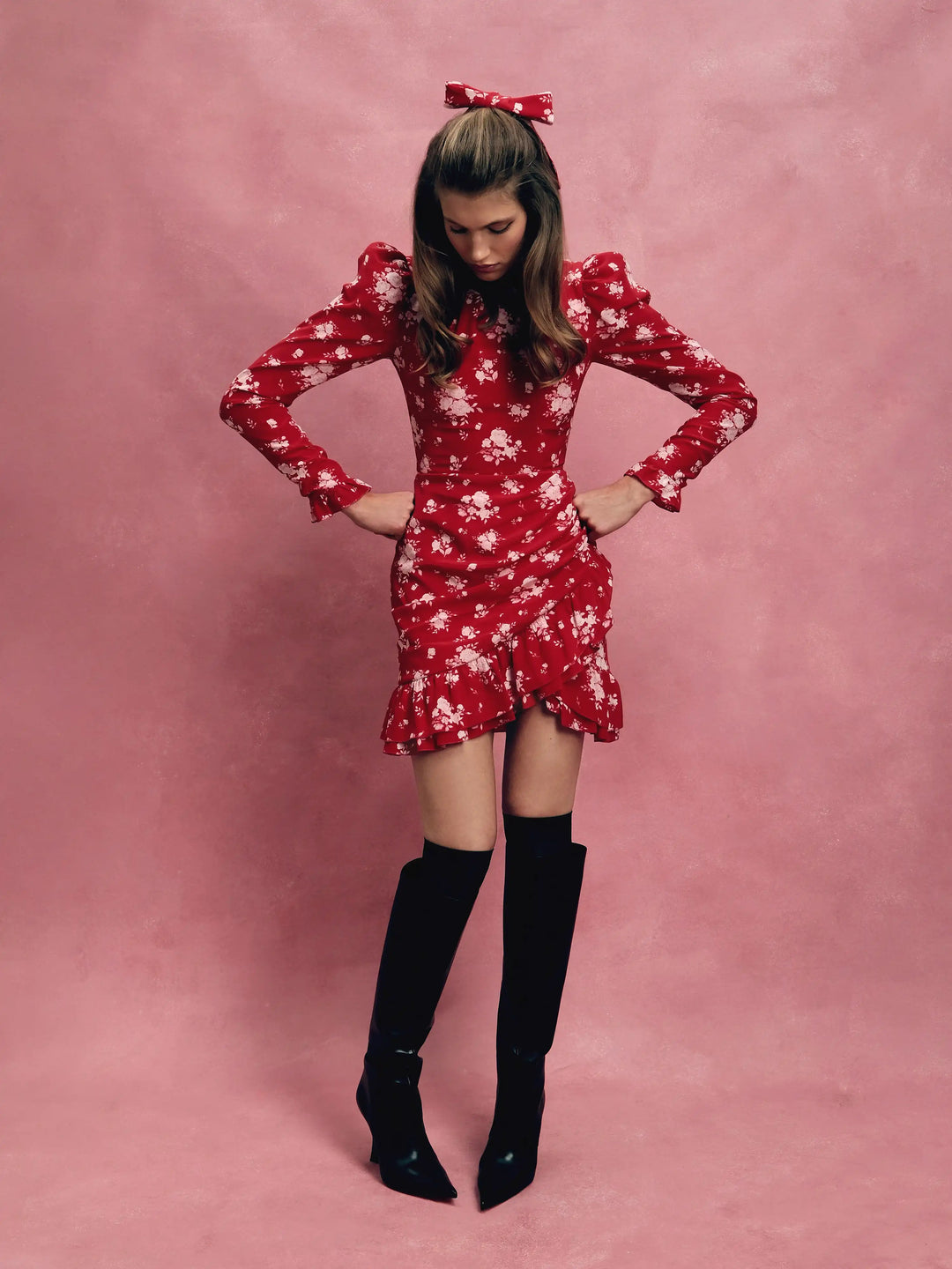 Charlotte mini, black crepe de chine mini dress with floral print
