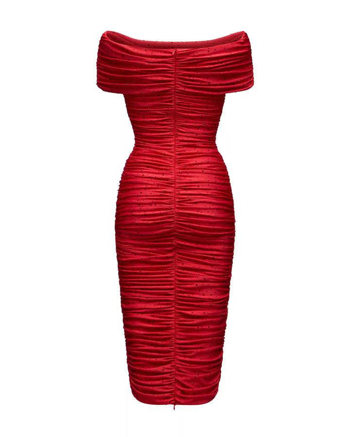 Iren, midi dress made of red biflex with rhinestones