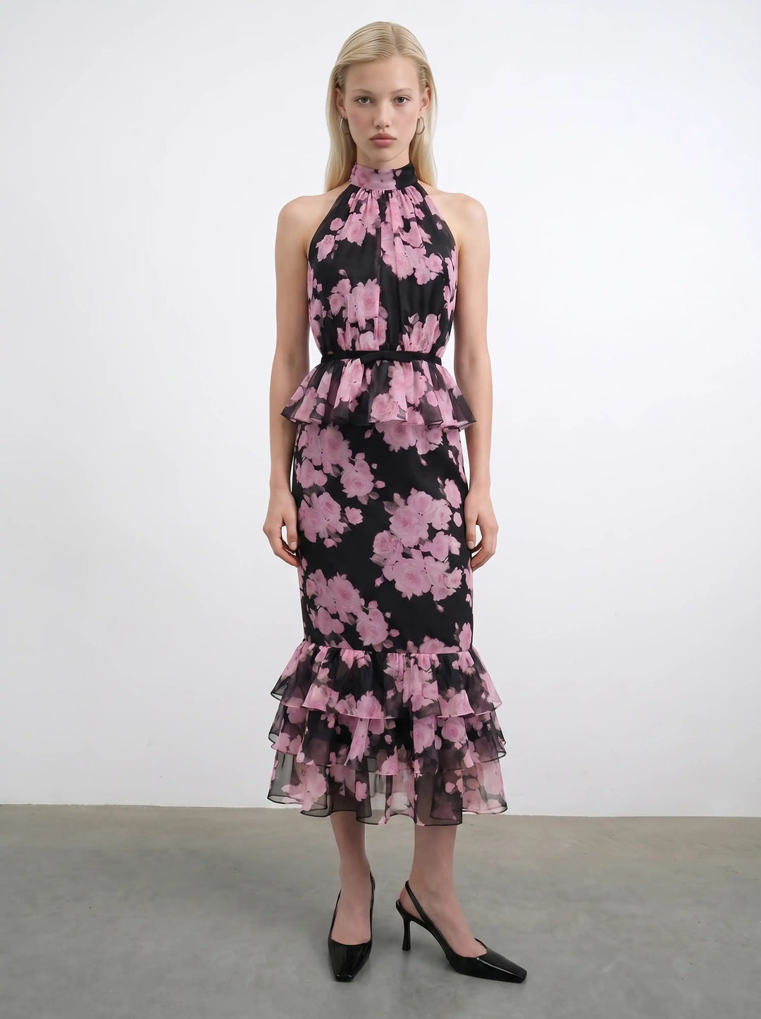 Rosie midi, black chiffon midi dress with large pink flowers – ROSES LACE