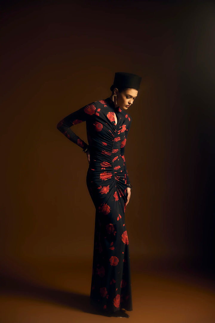 Madiya maxi, maxi dress in black biflex with a floral print