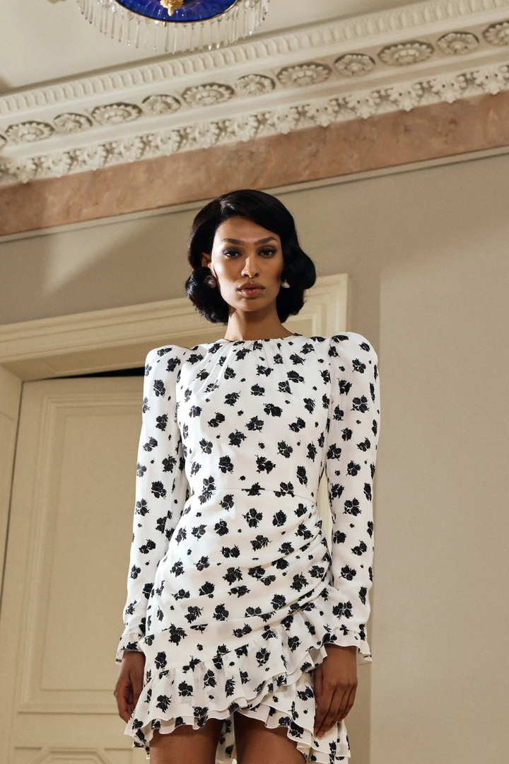 Charlotte mini, black crepe de chine mini dress with floral print