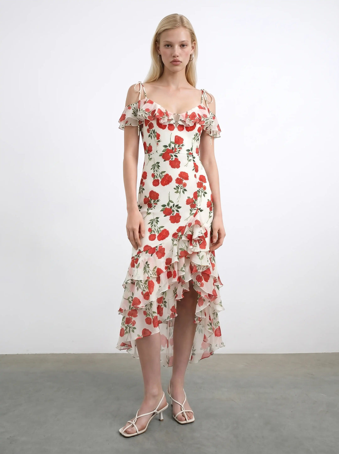 Monika midi, midi dress in milky crepe de chine with medium red roses