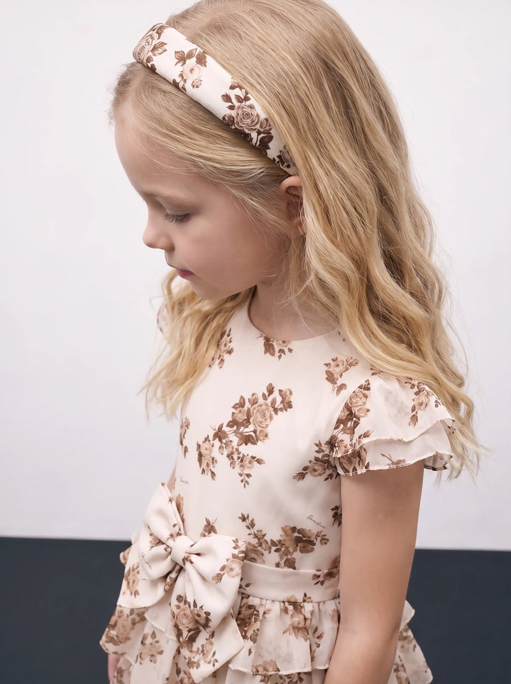 Noemi, ivory narrow crepe de chine headband with brown flowers