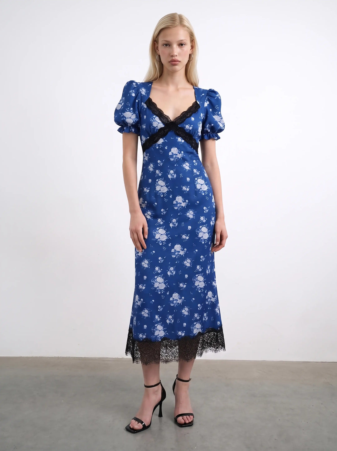 Penny midi, blue crepe de chine midi dress with medium blue flowers