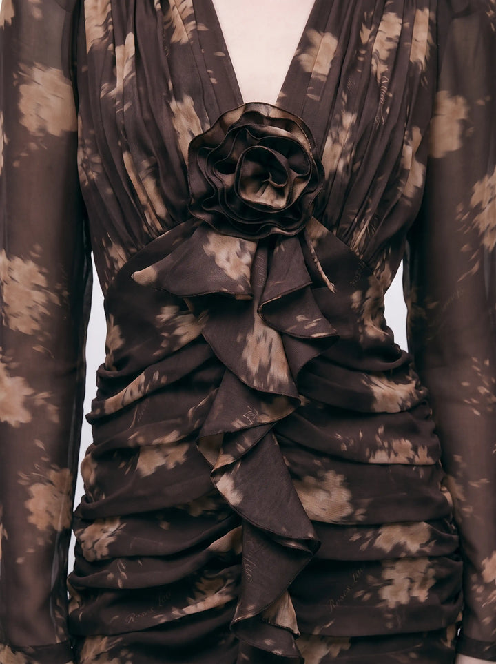 Vienna mini, chocolate chiffon mini dress with beige flowers