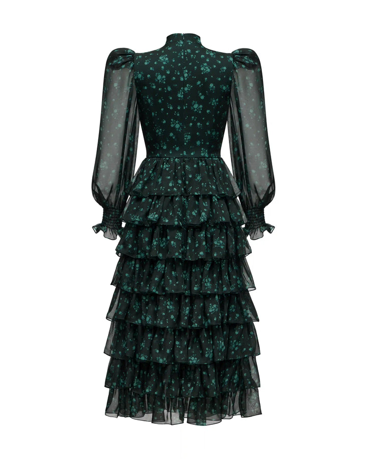 Valerie midi, midi dress made of dark green chiffon with a floral print