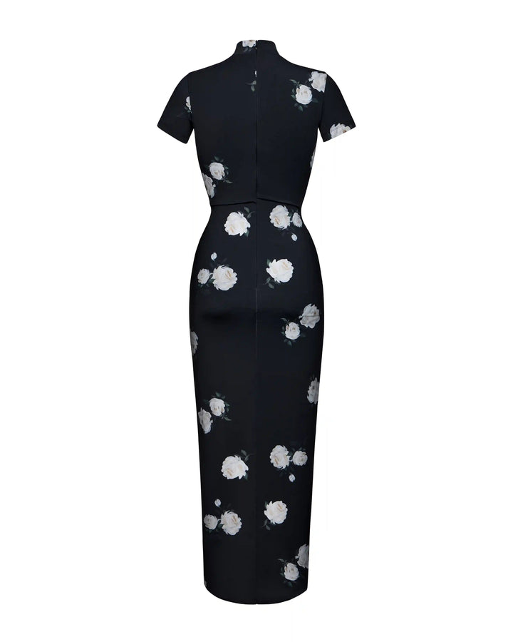 Amanda midi, midi dress with short sleeves made of black biflex with floral print and a rose