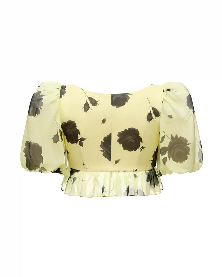 Melisa, crop top made of yellow chiffon with gray flowers