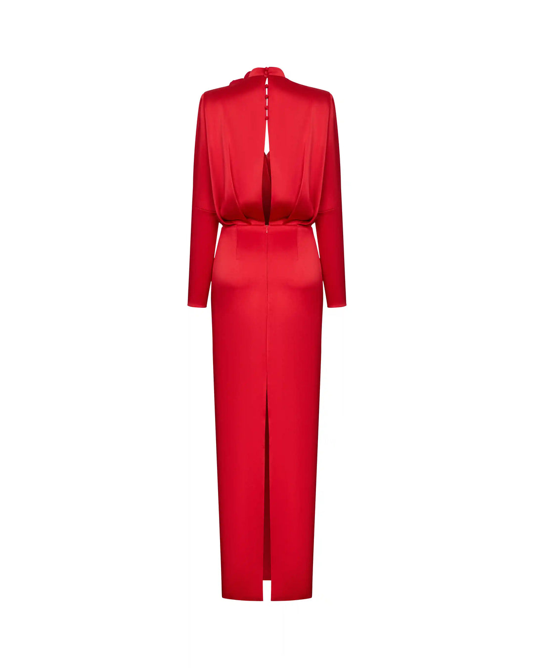 Jasmine Maxi, red satin maxi dress with a rose