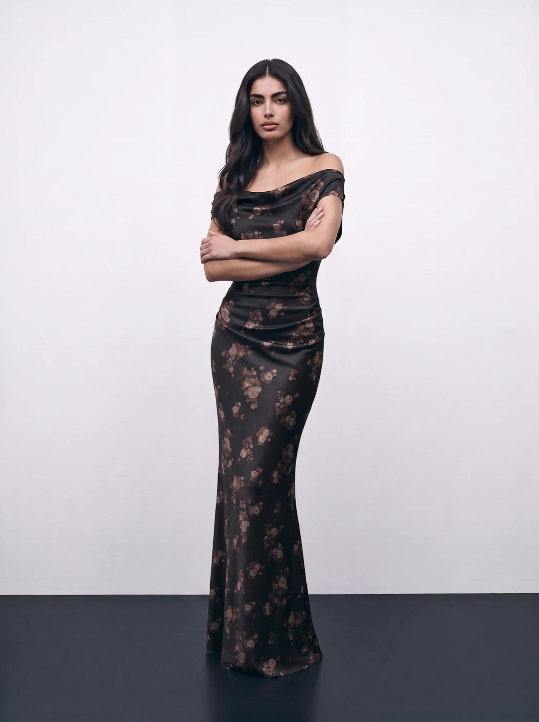 Lucy maxi, black satin maxi dress with brown flowers