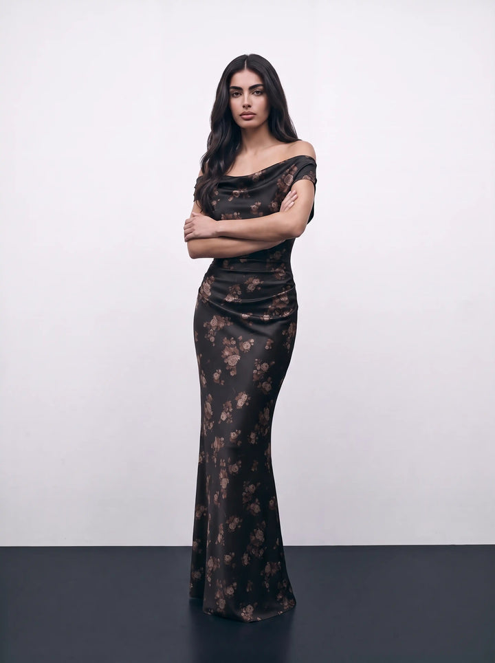 Lucy maxi, black satin maxi dress with brown flowers