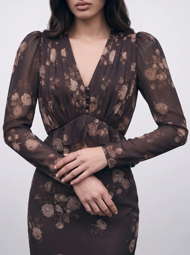 Carolina, chocolate chiffon blouse with beige flowers