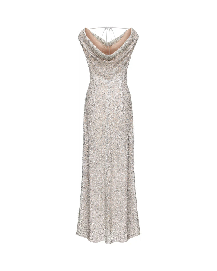 Lucy maxi, maxi dress made of grey lace with sequins