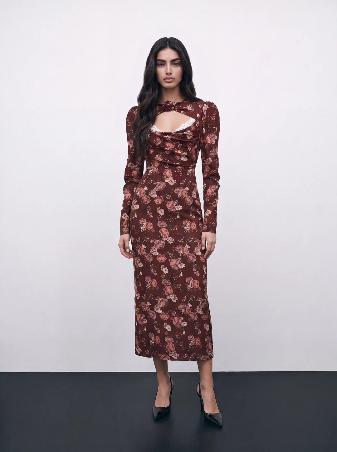 Macel midi, burgundy crepe de chine midi dress with multicolor floral print