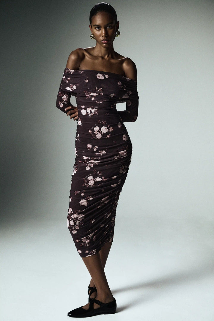 Iry midi, draped midi dress with long sleeves made of chocolate mesh with floral print