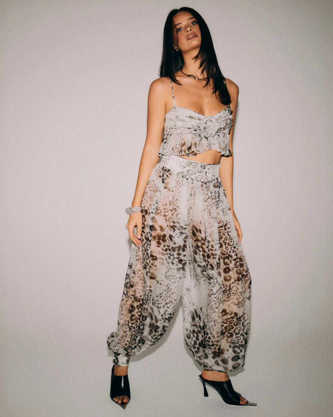 Evie, ivory chiffon pants with animal print