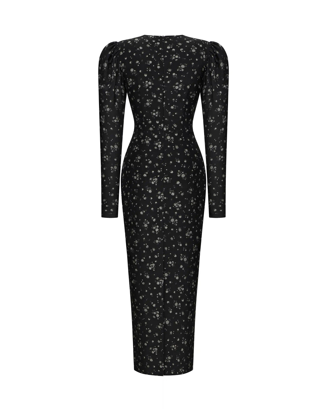 Macel midi, midi dress made of black crepe de chine with floral print and a rose