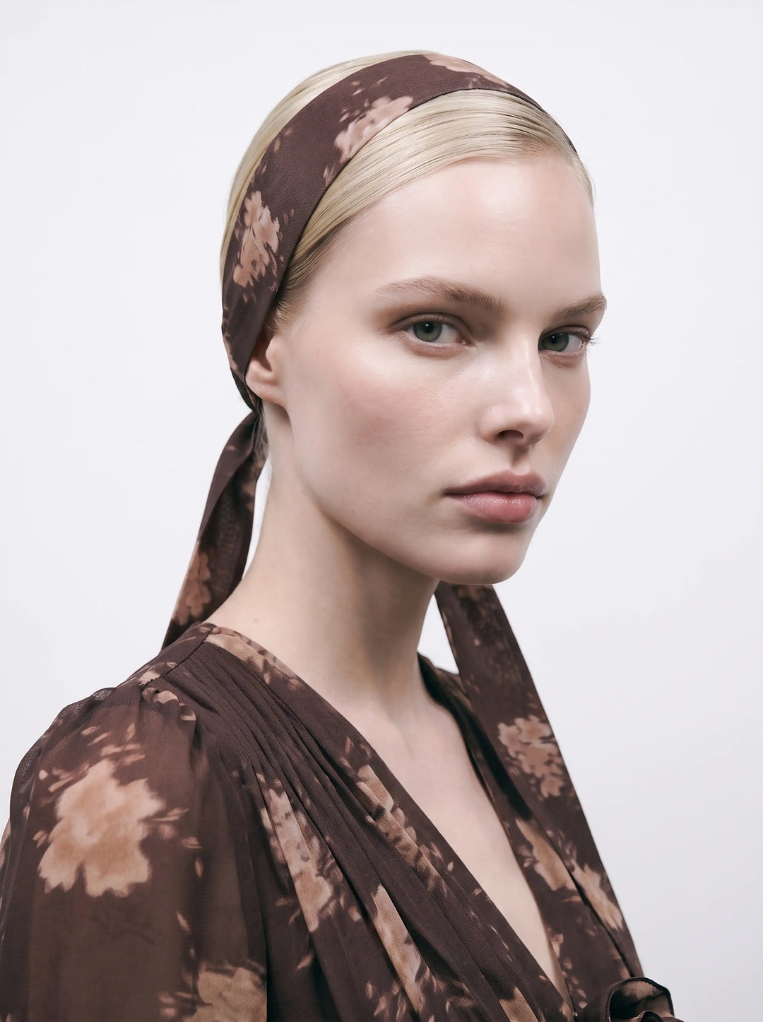 Luana, chocolate crepe de chine ribbon with beige flowers