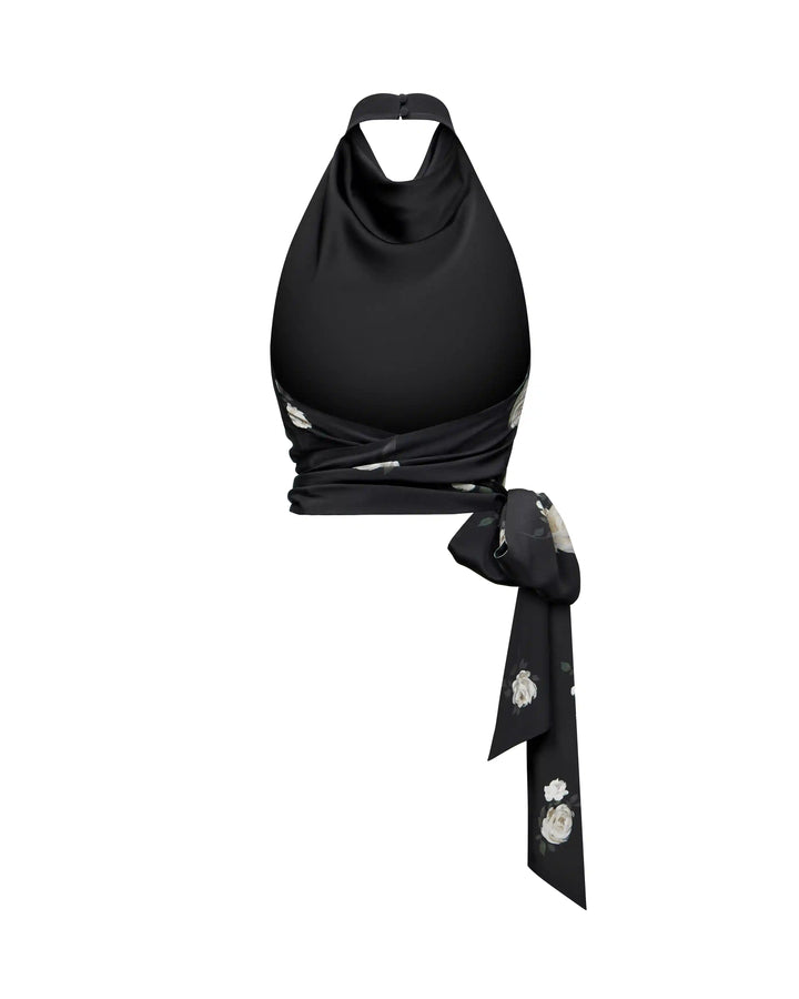 Eliana, top made of black crepe de chine with floral print