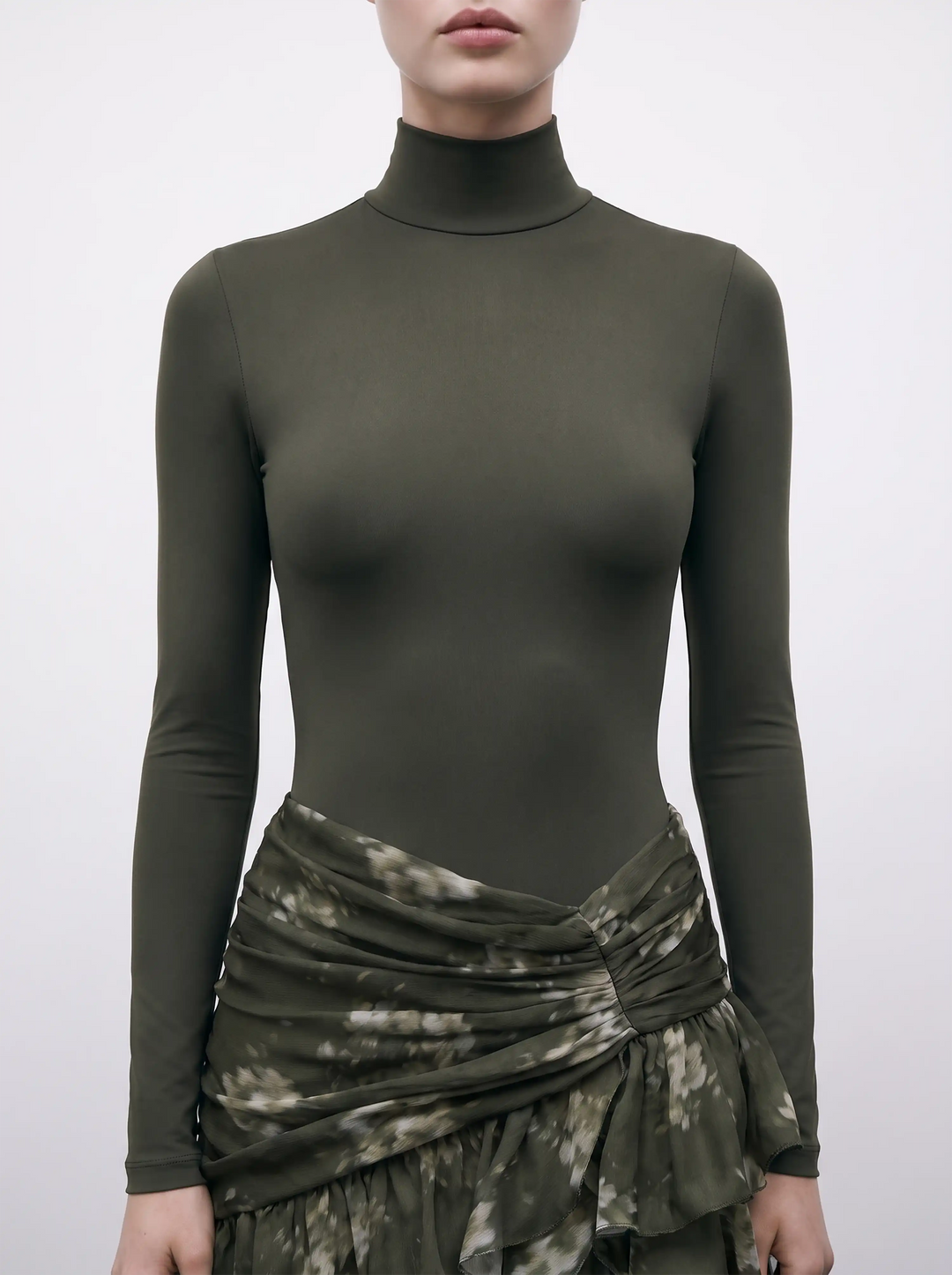 Madi, khaki biflex bodysuit turtleneck