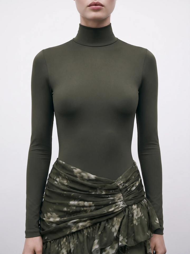 Madi, khaki biflex bodysuit turtleneck