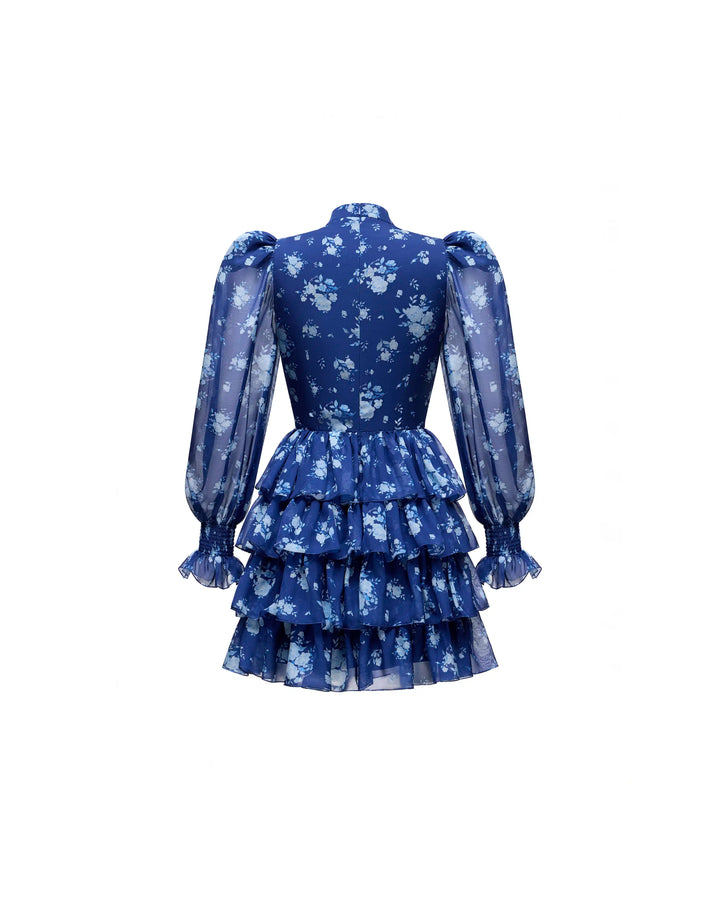 Valerie mini, blue chiffon mini dress with medium light blue flowers